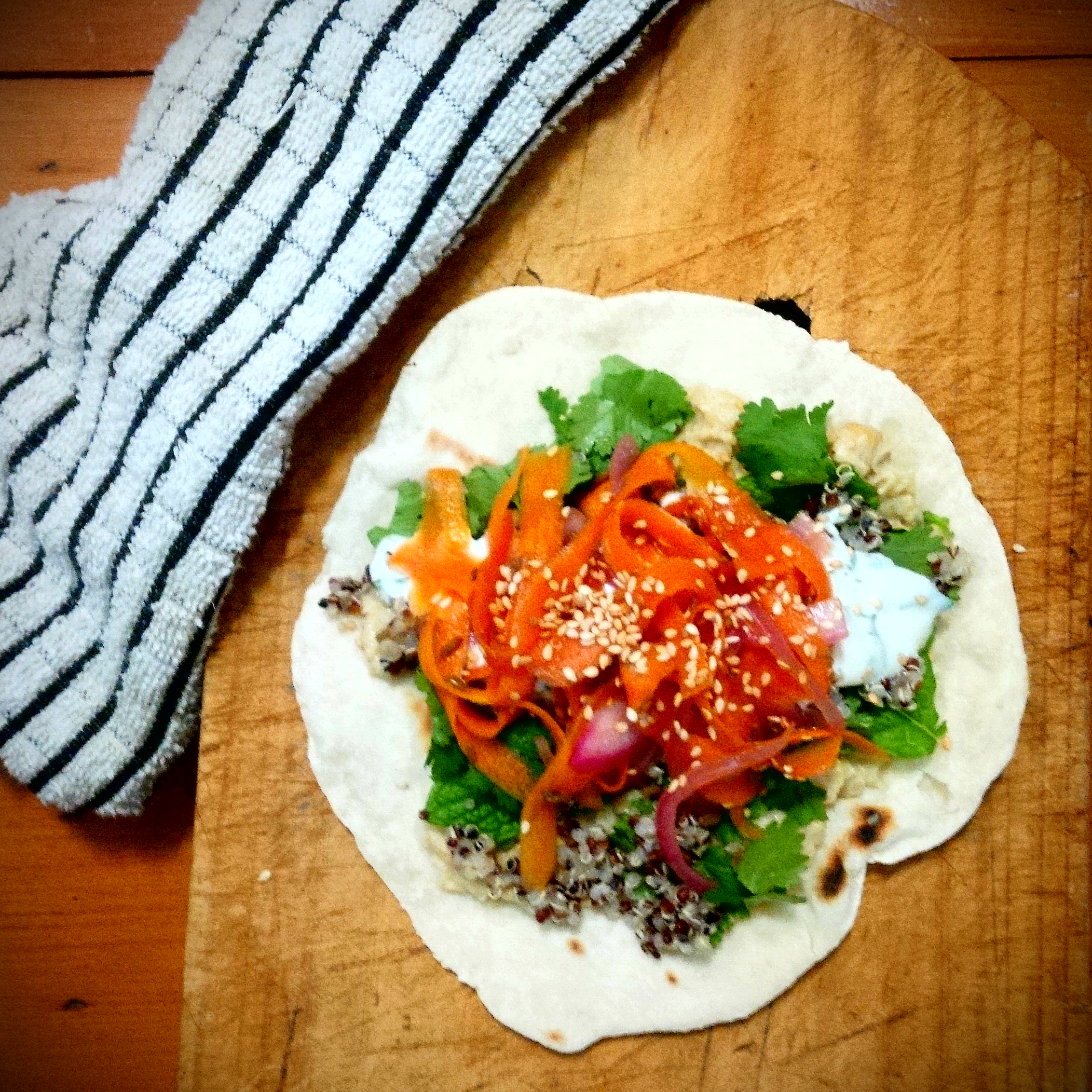 Homemade Flatbread with Quinoa, Quick-Pickled Veg & Herbs